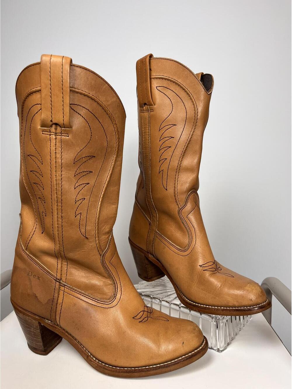 Dexter Vintage Western Cowboy Boots Tan Leather Mid Heel Size 7.5 Worn In